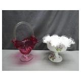 Signed Fenton Piece & Pink Art Glass Basket