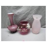 Three Pink Art Glass Vases