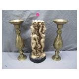 Carved Figurine and Brass Candlesticks
