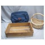 Wooden Crate, Woven Basket & Blue Travel Bag