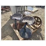 ANTIQUE CREAM CROCK, CHAIRS, STEEL WHEELS