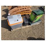 COOLER, COFFEE MAKER, SMALL CAMPING BURNER