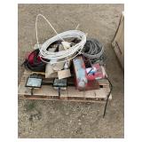 PALLET OF MISC WIRE, WRAPPERS, LIGHTS, FAN