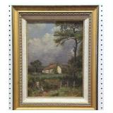 Framed Oil Painting w/ Rural Cottage Scene