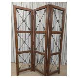 Mahogany Folding Screen w/ Brass Lattice Panels