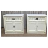Pair White Wicker Nightstands w/ Drawers & Doors