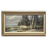 Framed Landscape Painting w/ Bridge & Trees