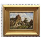 Framed Dutch Village Scene Oil Painting