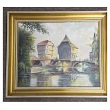 Framed Oil Painting w/ Dutch Bridge Scene