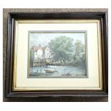 Framed Landscape Drypoint w/ Creek & Boat Scene