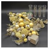 Gold Christmas Ornaments & Glass Vases
