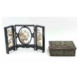 Folding Carved Cork Screen & Carved Box Set