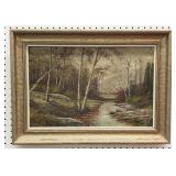 Framed Landscape Painting w/ Birch Trees
