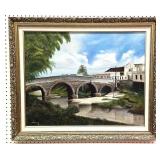 Framed Landscape Painting w/ Stone Bridge