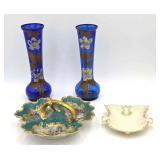 Cobalt Glass Vases & Limoge Server