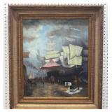Framed Harbor Scene Oil Painting