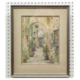 Signed Watercolor of Floral Courtyard Scene