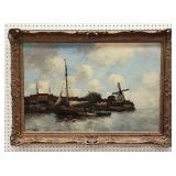Oil Painting w/ Harbor & Windmill Scene By Couver