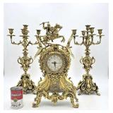 Antique Style Brass Clock Garniture w/ Candelabra