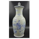 Dutch Delft Style Lidded Glazed Terracotta Vase