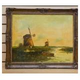 Signed Oil Painting w/ Windmills & Landscape