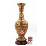 22" Brass and Floral Decorated Vase on Stand