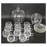 Cut Glass Punch Bowl Set w/ Cups & Plates