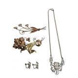 Sterling Necklace, Brooches, Earrings