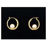 10K Gold Hoop Earrings w/ Pearls & Diamond Accents