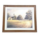 Framed Landscape Print w/ Windmill & Barn Scene