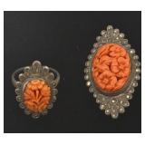 Sterling Marcasite Ring & Brooch w/Carved Coral