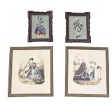 Two Fashion Prints & Two Framed Needlepoints