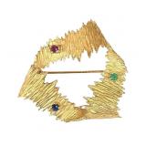 14K Gold Brutalist Brooch w/Colored Gem Accents