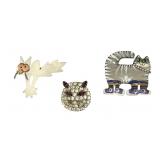 Three Cat Themed Brooches w/Rhinestones & Enamel
