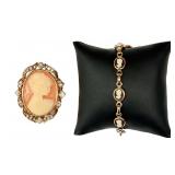 Gold Cameo Brooch & Bracelet Set