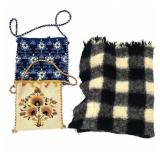 2 Wool Greek Embroidered Bags & Plaid Wool Blanket