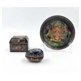 Russian Lacquered Box, Egg, & Plate Set