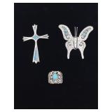 Sterling Cross, Butterfly & Ring w/Turquoise