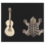 Sterling Guitar & Frog Brooches