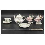 Porcelain Teapot, Figurines & Sterling Cake Knife