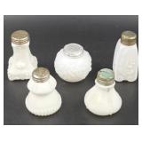5 White Milk Glass EAPG Shakers