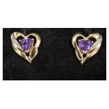 14K Gold Heart Earrings w/Amethyst & Diamonds