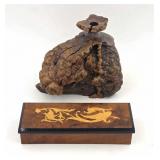 Signed Burlwood Candle Holder & Inlaid Wood Box