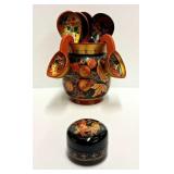 Russian Khokhloma Jar w/ Spoons & Lacquer Box