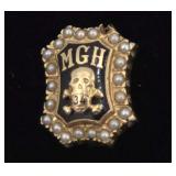 14K Gold MGH Pin w/ Skull & Pearl Accents