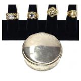 Four Gold Costume Rings & Sterling Box