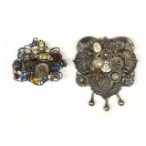 2 Vintage Metal Jewelry Brooches w/Embellishments