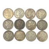 12 Morgan Silver Dollars, 1878-1904