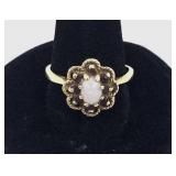 10K Gold Ring w/Oval Opal Surrounded by Rubies