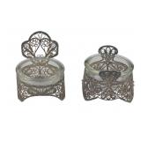 Two Russian Filagree Silver Salt Cellars w/ Glass